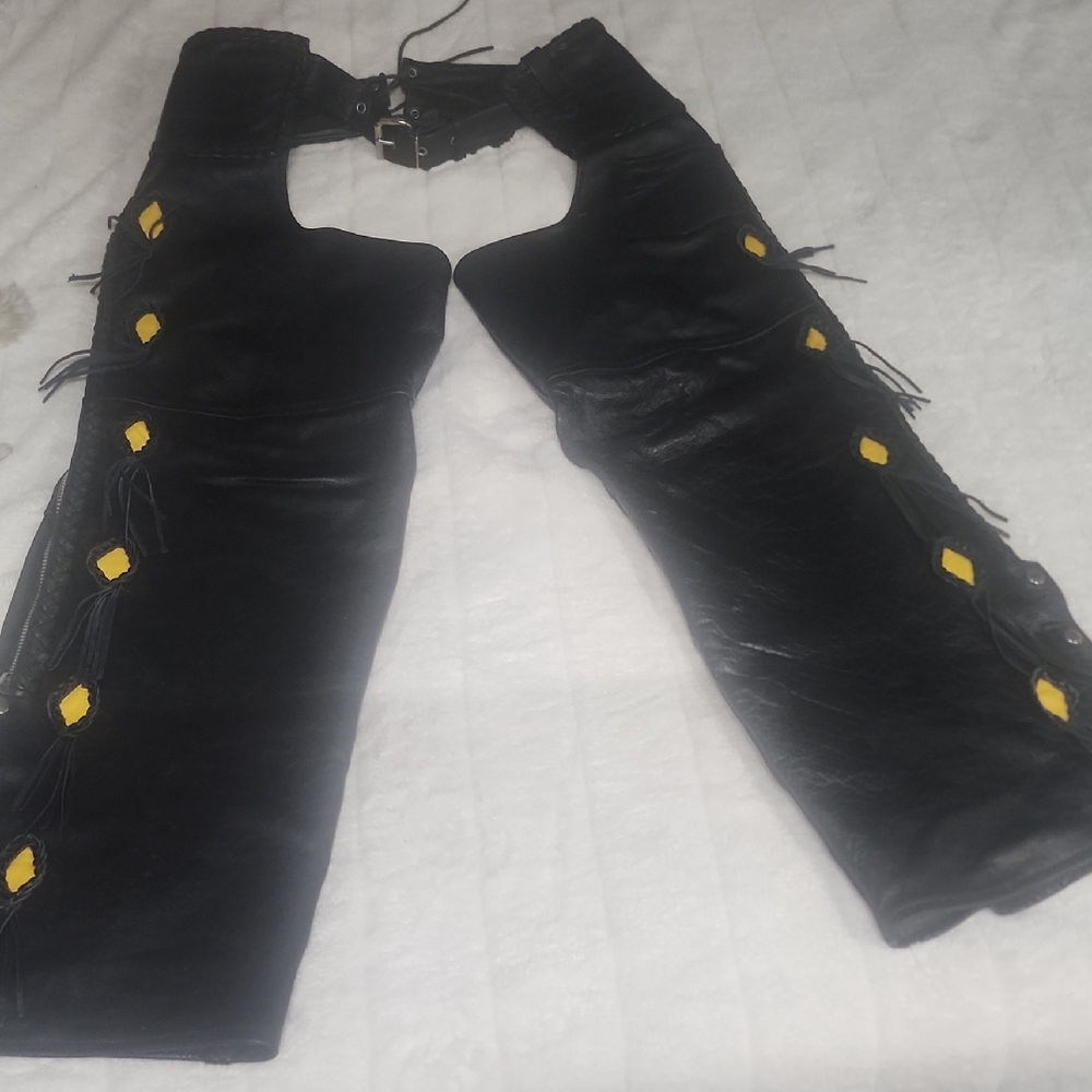 Motorcycle. Bonus Black Leather Chaps with Yellow Accents